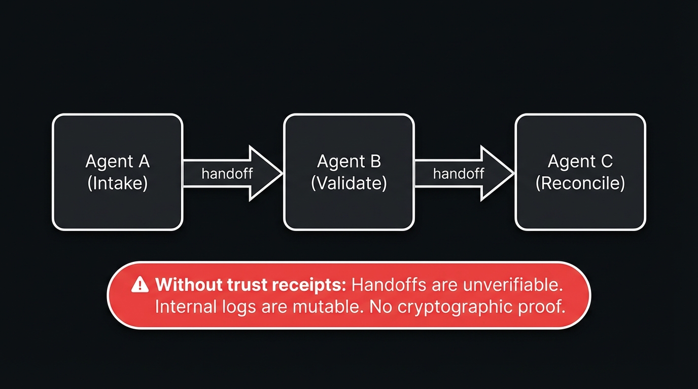 Agent handoff flow without trust receipts
